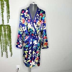 Valerie Stevens Blue Floral Print Satin Long Sleeve Robe Women's Size Medium M